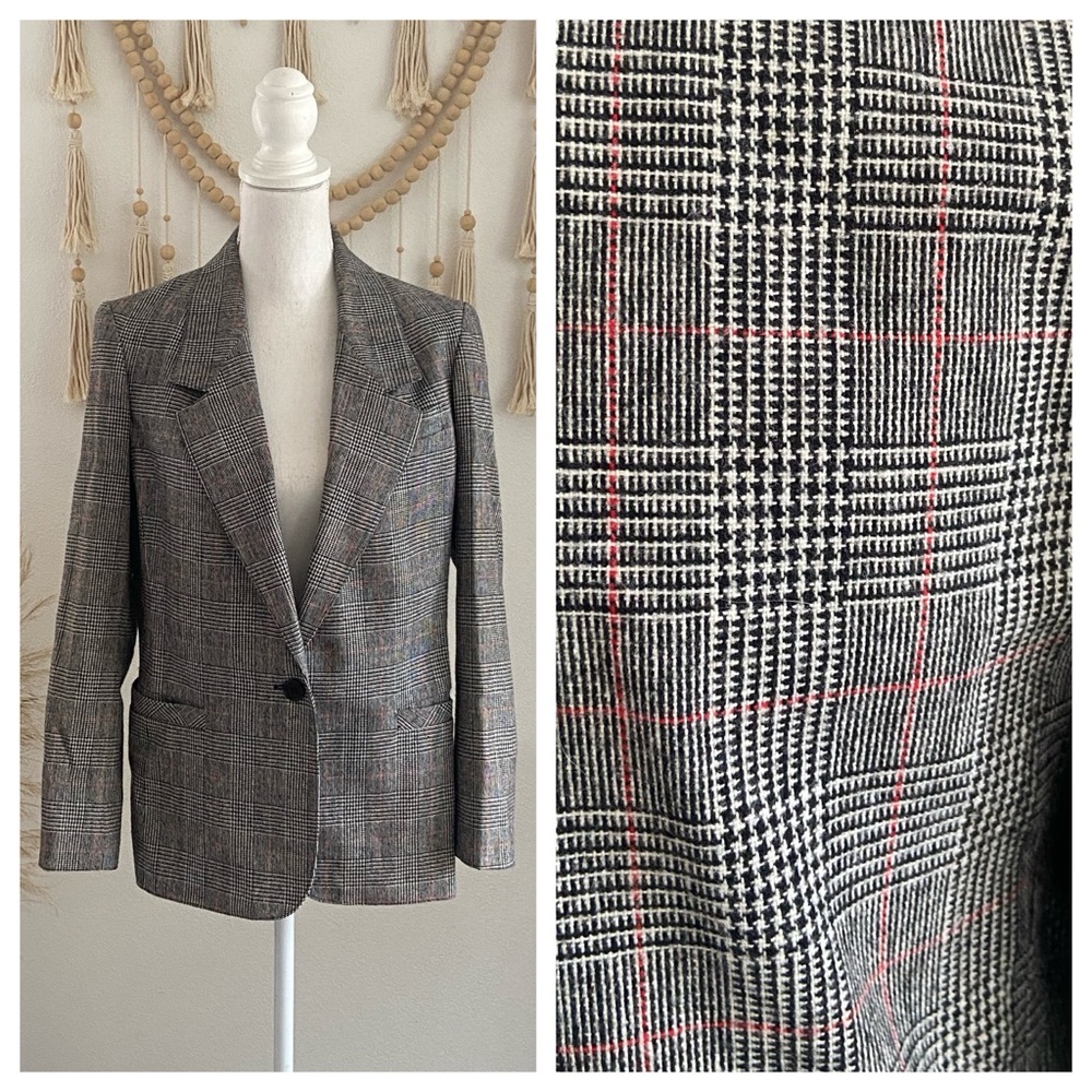 Vintage plaid blazer jacket black cream red JR Bentley boyfriend fit size 9/10
